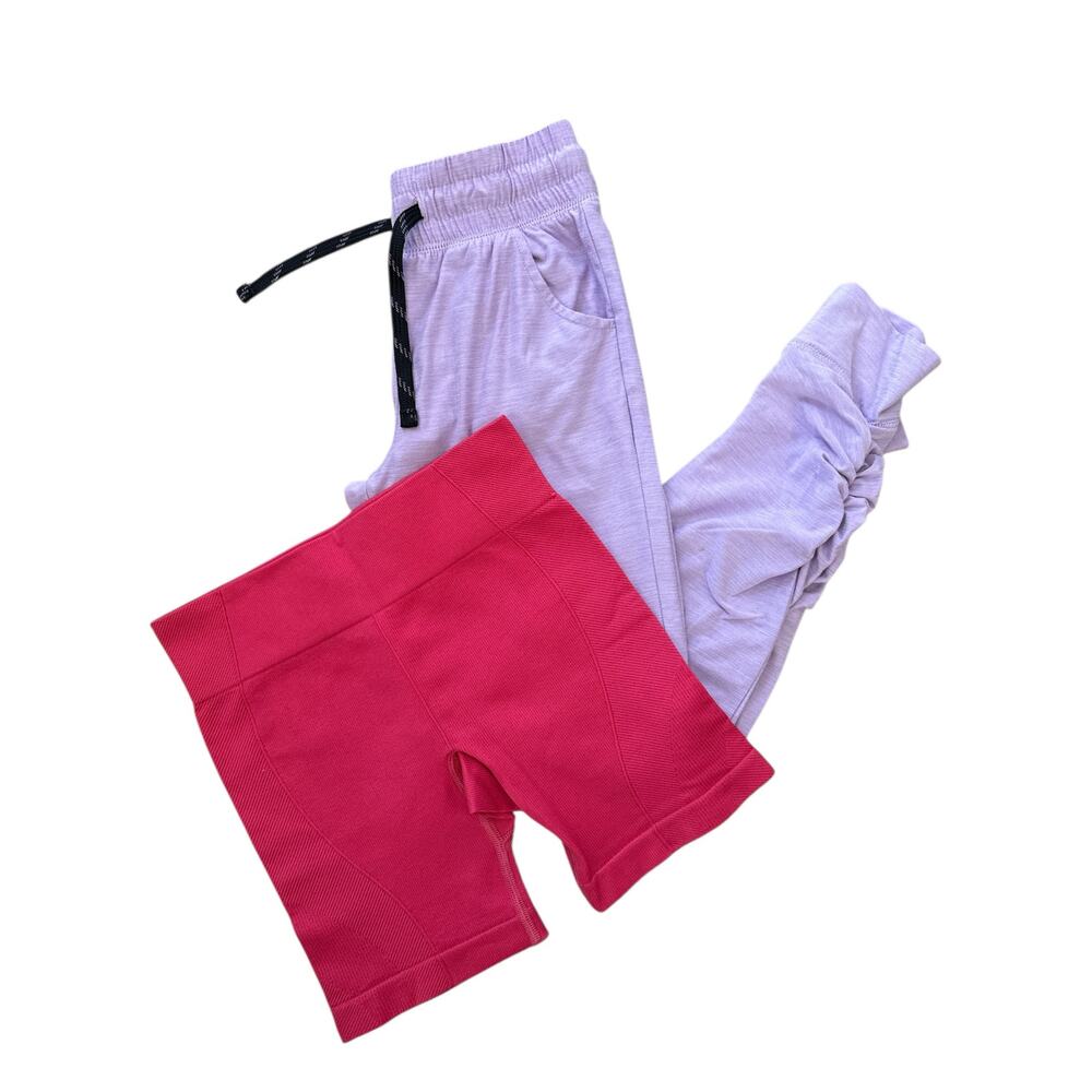 Girls Size 8 Athletic Bottom Bundle Bike Shorts and Purple Joggers